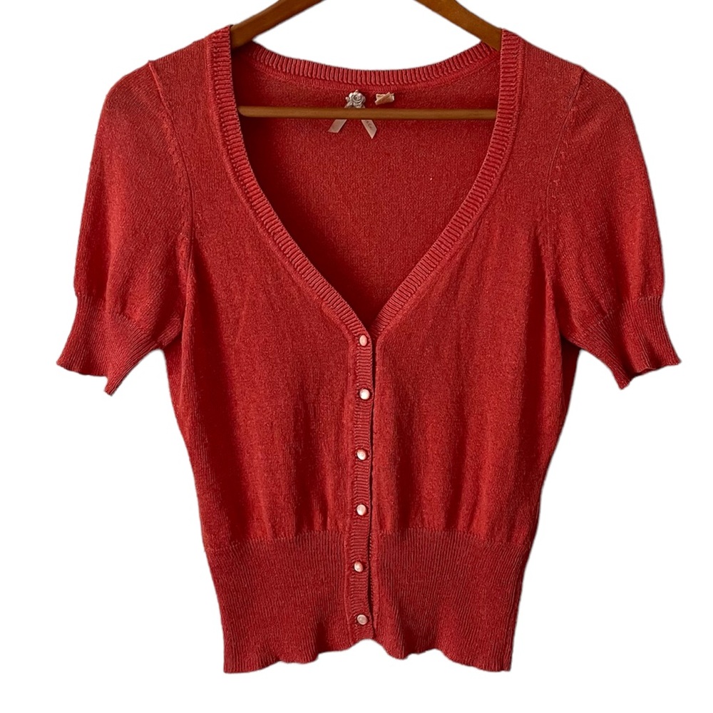 Maeve Pink/Red Short Sleeve Button Front Cardigan Size Medium